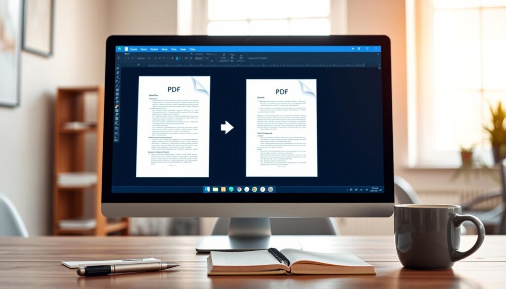 A beautifully designed digital workspace showcasing a computer screen displaying a PDF document next to an open Microsoft Word window. The foreground features neatly arranged stationery, including a pen, a notepad, and a coffee mug. The middle layer reveals the computer screen, with clear and visually appealing elements, highlighting the accurate formatting transfer from Word to PDF, with aligned text and refined margins. The background consists of a softly blurred office setting, with warm, natural light streaming through a window, creating a professional yet inviting atmosphere. The lens angle is slightly top-down to capture the setup effectively. The overall mood is focused and productive, reflecting an efficient document conversion process without any distractions.