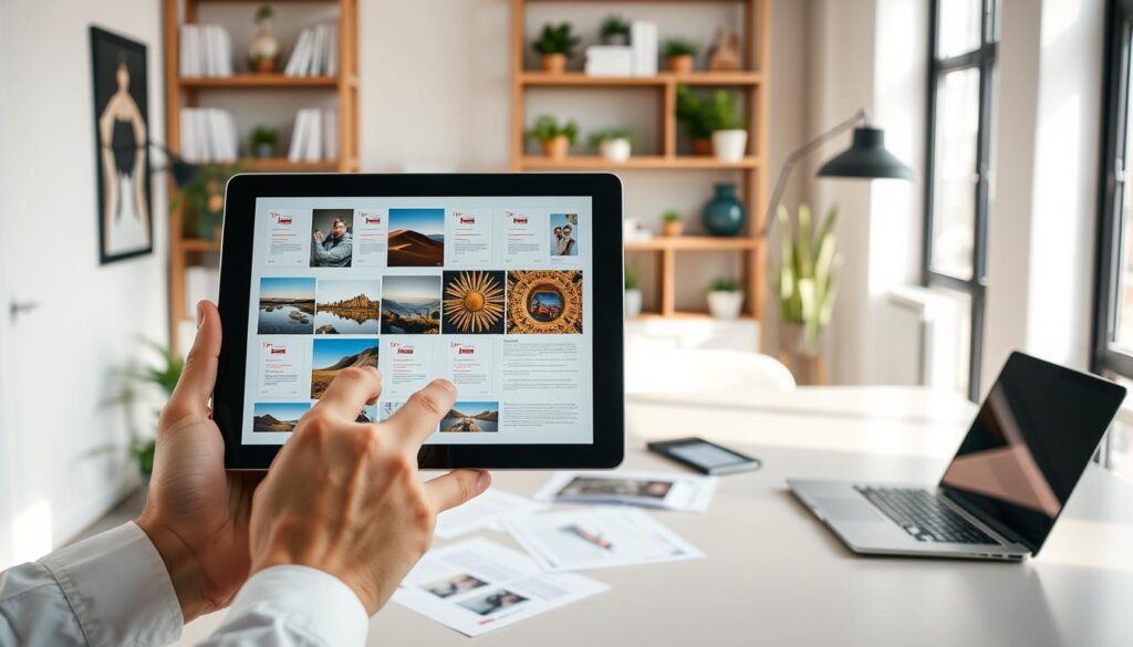 A clean, organized workspace featuring a high-resolution digital screen displaying a PDF document made up of multiple images, neatly arranged in a grid layout. In the foreground, a pair of professional hands is manipulating a tablet, showcasing the image-to-PDF conversion app interface. The middle layer reveals a stylish desk clutter-free, with a modern laptop and a few printouts scattered around, hinting at the organization process. Natural light streams in from a nearby window, creating a bright and inviting atmosphere. The background includes shelves filled with books and decorative plants, enhancing the professional vibe. The image captures a sense of efficiency and creativity, ideal for a tech-savvy audience focused on productivity.