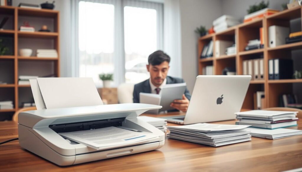 A cozy office space where a professional, dressed in smart casual attire, is scanning various documents to convert them into PDFs. In the foreground, there’s a sleek, modern scanner, innovative and streamlined, with documents neatly arranged beside it. The middle ground features the user focused on the scanner, with an engaged look, surrounded by a laptop displaying the PDF conversion interface. Soft, diffused natural lighting from a nearby window creates a warm and inviting atmosphere, with shadows adding depth. In the background, shelves lined with books and office supplies suggest productivity and organization. The composition reflects a sense of efficiency and clarity, embodying the simplicity and reliability of using an image to PDF converter app for both work and school.