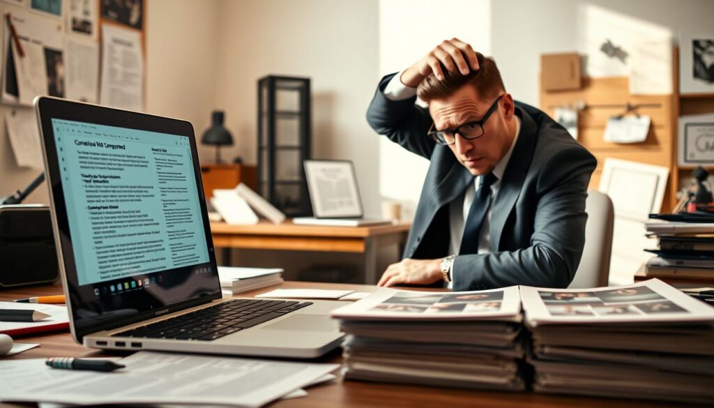 A digital workspace highlighting common PDF conversion errors. In the foreground, an open laptop displaying a cluttered PDF file with visible error messages, such as "File Format Not Supported" and "Conversion Failed." Beside it, a stack of printed documents featuring mismatched formatting and distorted images. In the middle, a frustrated professional in business attire, seated with a perplexed expression, holding their head with one hand, while using the other hand to gesticulate towards the laptop. The background features a softly lit office environment with scattered notes and tools, creating an atmosphere of troubleshooting and concern. Soft, natural lighting enhances the seriousness of the situation, with a focus on the laptop screen. The overall mood conveys the frustration of dealing with PDF conversion problems.
