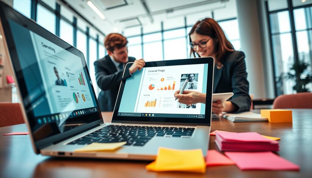 A modern office scene featuring an open laptop displaying a converted PowerPoint presentation, surrounded by notes and colorful sticky notes for editing. The foreground includes a close-up of the laptop screen, showcasing a visually appealing slide layout with graphs and images. In the middle, a professional, engaged individual in business attire is making adjustments to the presentation, using a digital pen on a tablet. The background reveals a sleek, minimalist office environment with large windows letting in natural light, enhancing the atmosphere of productivity and creativity. The mood is focused and dynamic, emphasizing the process of refining and improving the presentation before an important meeting. Utilize soft, even lighting to create a warm, inviting ambiance.