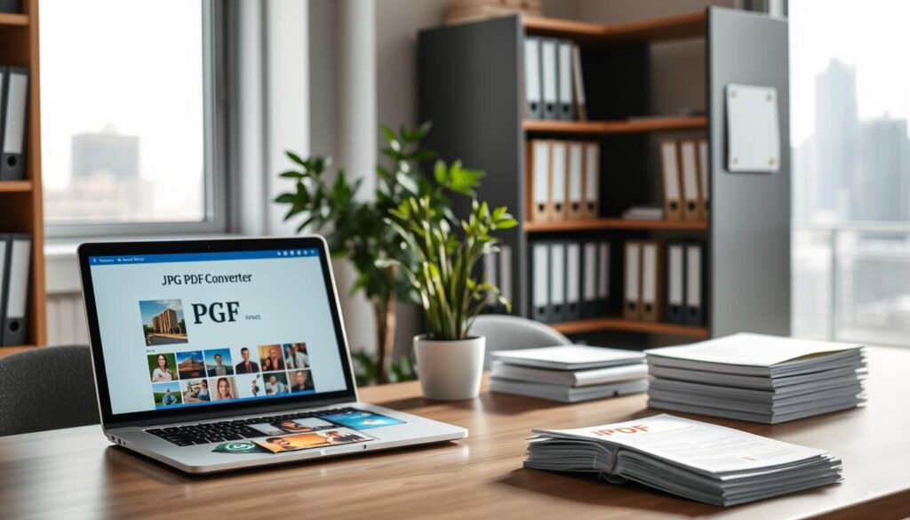 A modern office setting with a sleek desk in the foreground, showcasing a laptop with an open JPG to PDF converter app on the screen. A stack of colorful JPG images is neatly arranged beside the laptop, and a freshly printed PDF document is prominently displayed, reflecting its professional quality. In the middle ground, a potted plant adds a touch of greenery, while a window behind lets in soft, natural sunlight, creating a warm and inviting atmosphere. The background includes shelves filled with organized files and a subtle view of a city skyline outside, suggesting a busy work environment. The lighting is bright and focused, highlighting the technological aspect of digital document conversion, evoking a sense of efficiency and reliability in everyday tasks.