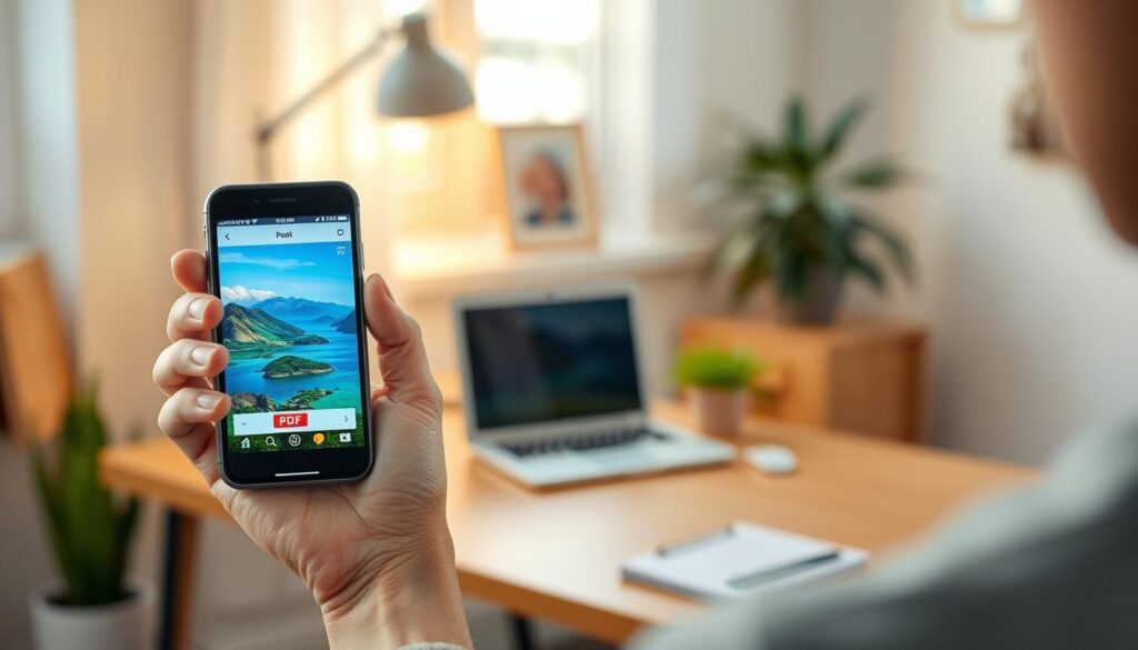 A modern smartphone displaying a vibrant, user-friendly PDF converter application on its screen. In the foreground, the smartphone is held in an outstretched hand, showcasing a beautifully rendered image of a picturesque landscape being converted to PDF. The middle layer features a blurred background of a cozy, well-lit workspace with a wooden desk, a potted plant, and soft natural light filtering through a window. The atmosphere is warm and inviting, suggesting ease and accessibility. The scene captures a professional person, dressed in smart casual attire, engaged in converting photos on their phone, highlighting a seamless digital experience. Emphasize clarity in detail and a sense of productivity, with soft shadows and a shallow depth of field for a dynamic and engaging image.