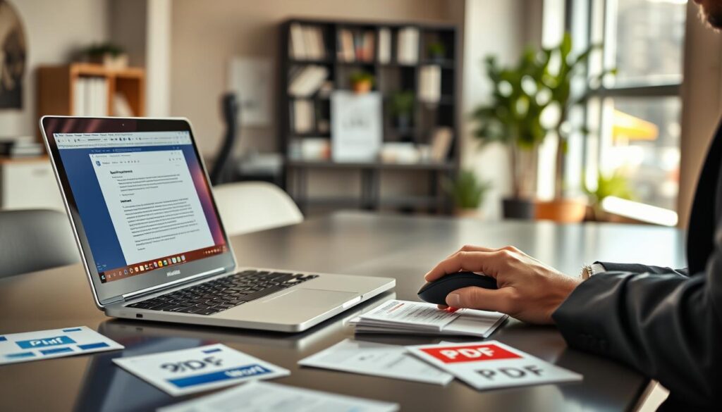 A professional office setting featuring a sleek, modern desk with a laptop displaying a Microsoft Word document on the screen. In the foreground, a person in business attire is intently focused on the laptop, using a mouse to initiate a PDF conversion. On the desk, scattered documents show a mix of Word and PDF icons, symbolizing the conversion process. The middle ground includes a bright window allowing natural light to illuminate the space, enhancing the professional atmosphere. The background is a softly blurred office environment, with bookshelves and plants adding a touch of greenery. The mood is focused and efficient, conveying a sense of productivity and clarity in document management. Use a soft focus lens effect to emphasize the subject's actions with a warm, inviting light.