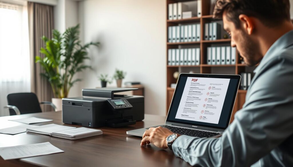 A professional workspace scene focused on a quality check of a PDF document. In the foreground, a person in business attire is intently examining a PDF on a laptop screen, with a close-up view of the screen displaying various quality control indicators and checks. The middle ground features a stylish desk adorned with a sleek printer and scattered papers, symbolizing the document sharing process. In the background, a large bookshelf filled with neatly organized folders and a potted plant, creating an inviting office atmosphere. Soft, natural lighting filters in through a window, enhancing the professional mood. A wide-angle view captures the scene, illustrating an efficient workflow and attention to detail in document preparation before sharing.