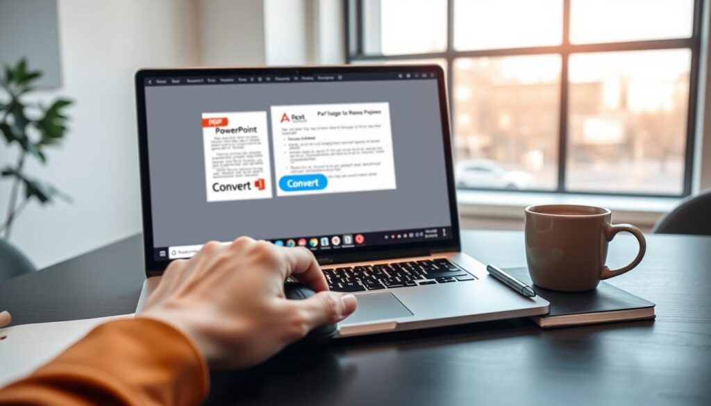 A sleek and modern workspace with a high-resolution laptop displaying a PDF document on the screen, transitioning to a PowerPoint presentation slide. In the foreground, a hand is using a mouse, hovering over an intuitive “Convert” button on a user-friendly online interface, emphasizing ease of use. The middle ground features a desktop clutter-free, with a stylish notebook and coffee cup, suggesting productivity and focus. In the background, a large window lets in soft, warm natural light, creating an inviting and professional atmosphere. The overall mood is one of efficiency and reliability, perfect for showcasing an online PDF to PPT conversion tool. The scene captures a moment of effortless digital transformation in a bright, engaging workspace environment.