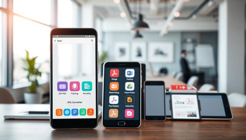 A sleek, modern JPG to PDF converter app interface displayed prominently in the foreground, showcasing its intuitive design with vibrant icons representing features like speed and reliability. In the middle ground, a variety of digital devices—smartphones and tablets—are portrayed in a professional environment, demonstrating the app’s compatibility across platforms. The background features a softly blurred office backdrop with a stylish workspace, hinting at productivity and efficiency. The atmosphere is bright and inviting, illuminated by soft, natural light streaming through large windows, with a focus that creates a sense of clarity and purpose. Capture the essence of functionality and innovation, presenting a seamless integration of technology in everyday tasks.