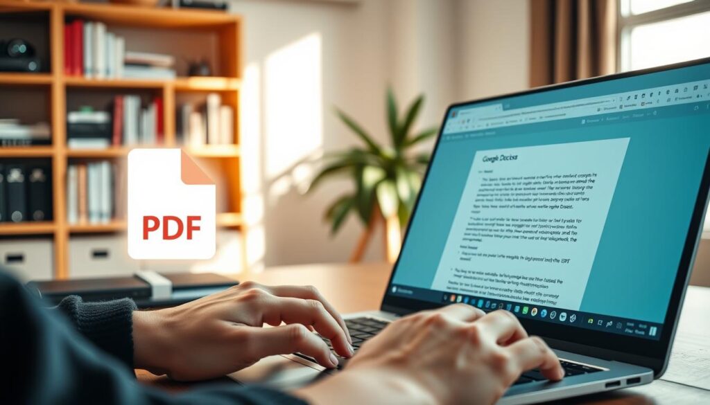 A sleek, modern workspace featuring a laptop displaying a Google Docs interface with a document on screen. In the foreground, a person's hands are positioned over the keyboard, expertly navigating the conversion process. On one side, a glowing PDF file icon hovers above a folder symbolizing easy sharing. In the background, a soft-focus shelf filled with books and tech gadgets suggests an organized environment. Natural light streams through a nearby window, creating a warm and inviting atmosphere. The overall mood is professional and efficient, highlighting the simplicity of converting documents in a browser. The angle captures the laptop screen clearly while emphasizing the action taking place at the keyboard, with no distractions or clutter in sight.