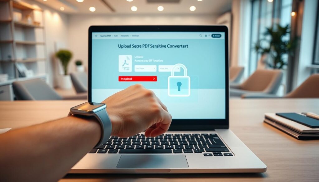 A sleek, modern workspace featuring a laptop with a secure PDF converter interface open on the screen, displaying the upload process of sensitive documents. In the foreground, a hand, wearing a smart wristwatch, hovers over the keyboard, symbolizing careful attention to data privacy. The middle ground includes a digital padlock icon and a translucent overlay suggesting data protection, enhancing the theme of security. The background showcases a clean, organized office space with soft, ambient lighting creating a professional atmosphere. The angle is slightly top-down, giving the viewer a clear view of the laptop screen while maintaining focus on the theme of protection and reliability. The overall mood is one of confidence and professionalism, emphasizing the importance of safeguarding sensitive information during online conversions.