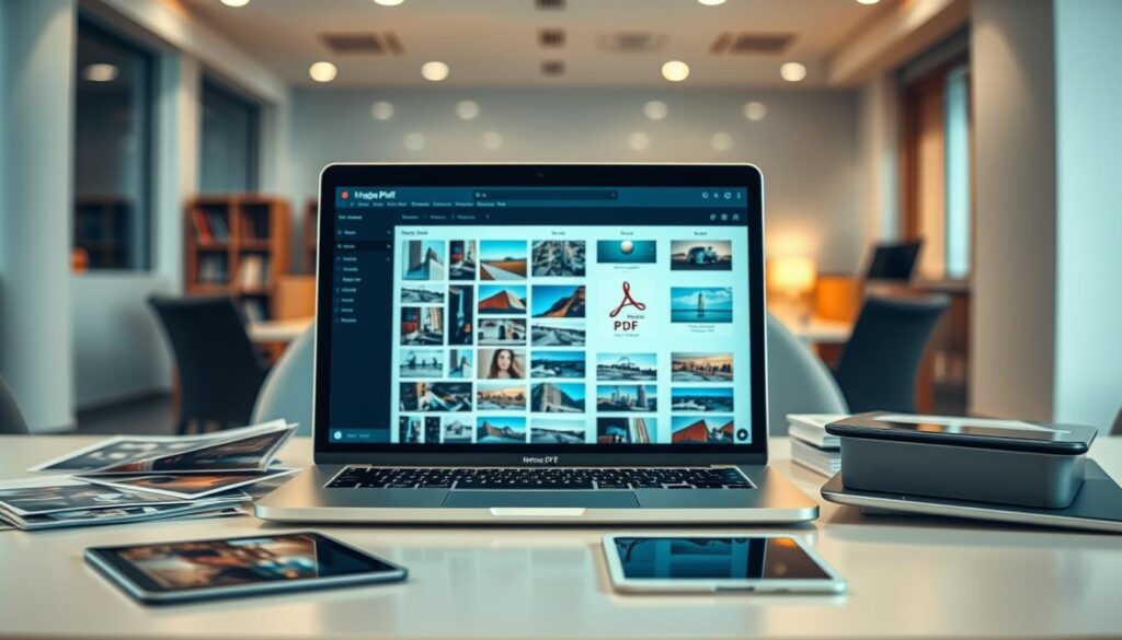 A visually appealing workspace showcasing the process of merging multiple images into a PDF. In the foreground, a sleek laptop displays an open application with thumbnails of various images ready for conversion. Scattered around the laptop are printed photos and digital tablets, depicting different picture styles. The middle section features a soft, glowing light illuminating the laptop screen, suggesting a focus on efficiency and simplicity in the online conversion process. The background is a blurred office environment with neutral tones, emphasizing a professional and organized atmosphere. The overall mood should convey a sense of ease and modernity, inviting viewers to consider the convenience of converting pictures to PDF online. Use a high-quality lens with a warm tone to enhance the inviting ambiance.