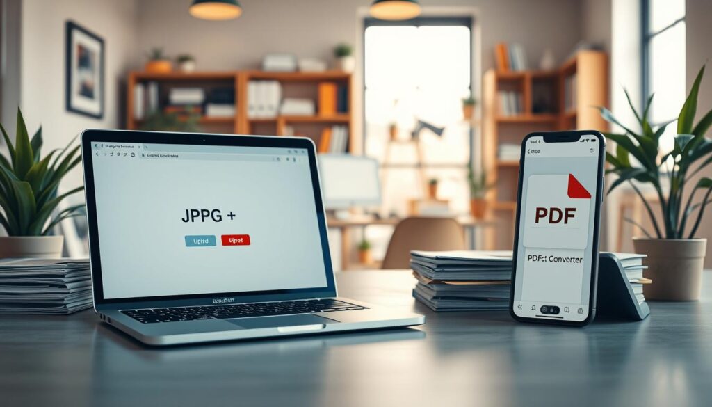 A visually engaging digital workspace depicting the process of converting a JPG image to a PDF file. In the foreground, a sleek laptop displays a simple, intuitive interface of an online converter tool, highlighting a JPG image being uploaded. To the side, a neatly organized stack of printed documents and a smartphone showcasing the same PDF on its screen. In the middle ground, a bright, modern office environment with potted plants and soft natural light filtering through a window creates a serene atmosphere. The background features shelves filled with books and office supplies, emphasizing a productive vibe. The mood is professional yet approachable, suitable for work, school, and personal tasks, captured with a slightly elevated angle to give depth. The overall lighting is warm and inviting, with soft shadows to enhance the three-dimensionality. A visually engaging digital workspace depicting the process of converting a JPG image to a PDF file. In the foreground, a sleek laptop displays a simple, intuitive interface of an online converter tool, highlighting a JPG image being uploaded. To the side, a neatly organized stack of printed documents and a smartphone showcasing the same PDF on its screen. In the middle ground, a bright, modern office environment with potted plants and soft natural light filtering through a window creates a serene atmosphere. The background features shelves filled with books and office supplies, emphasizing a productive vibe. The mood is professional yet approachable, suitable for work, school, and personal tasks, captured with a slightly elevated angle to give depth. The overall lighting is warm and inviting, with soft shadows to enhance the three-dimensionality.
