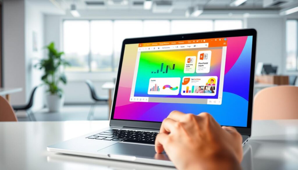 A visually striking image illustrating the concept of "PDF slide conversion" into PowerPoint slides. In the foreground, a modern laptop displays a vibrant PDF document transitioning into a colorful PowerPoint slide with elements like graphs, charts, and images, showcasing a seamless design transformation. In the middle ground, a hand is hovering over the laptop's touchpad, emphasizing user interaction. The background features a bright office environment with soft natural lighting filtering through a window, reflecting a professional atmosphere. The overall mood is dynamic and innovative, representing reliability and ease in the conversion process, with clean lines and a contemporary aesthetic. No text or annotations are included.