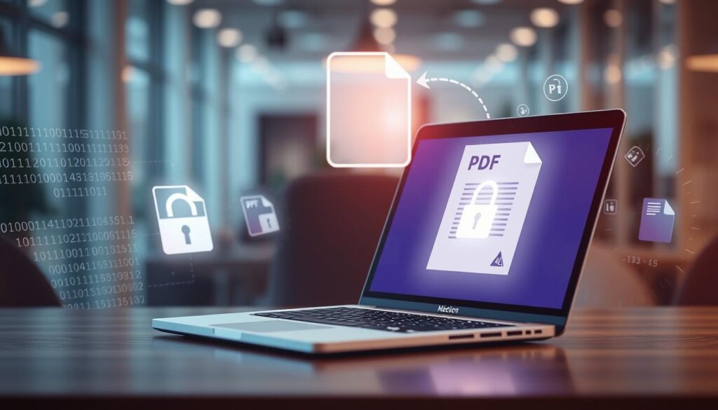 A visually striking representation of "encrypted PDF conversion" in a modern digital workspace. In the foreground, a sleek laptop displaying an open PDF with a padlock symbol, indicating encryption. Surrounding the laptop are various digital elements, like binary code streams and floating data icons symbolizing secure file transfers. The middle ground features a translucent document being transformed into a secure PDF format, glowing softly to emphasize its protection. In the background, a blurred office setting with subtle, ambient lighting to create a focus on the laptop, enhancing the tech-savvy atmosphere. Capture a sense of security and professionalism with a soft-focus lens effect, conveying the importance of protecting documents during online conversions. The overall mood should feel innovative and trustworthy.