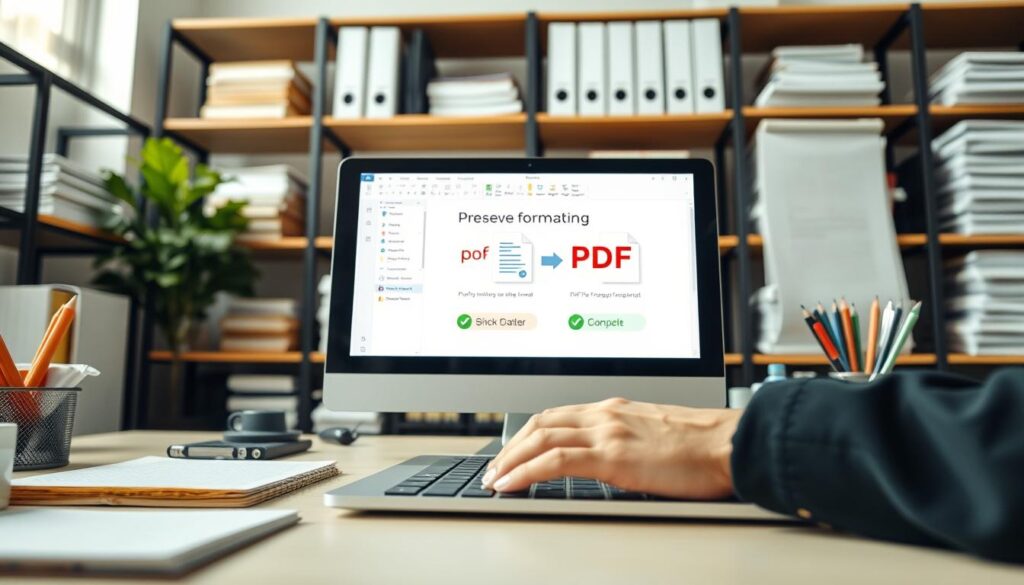 A well-organized office workspace with a focus on a modern computer screen displaying a "preserve formatting PDF" interface. In the foreground, a close-up of hands typing on a sleek laptop keyboard, with office supplies like notepads and pens neatly arranged. The middle layer features the bright screen showing a PDF conversion software with visual elements like icons for maintaining formatting. The background includes shelves filled with neatly stacked books and binders, framed by soft natural light streaming through a window, creating a professional and productive atmosphere. The overall mood should convey efficiency and professionalism, with a clean and polished aesthetic suitable for an office environment.